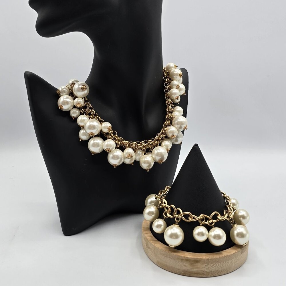 Gold Tone and Faux Pearl Cluster Necklace & Bracelet Set Adjustable Length